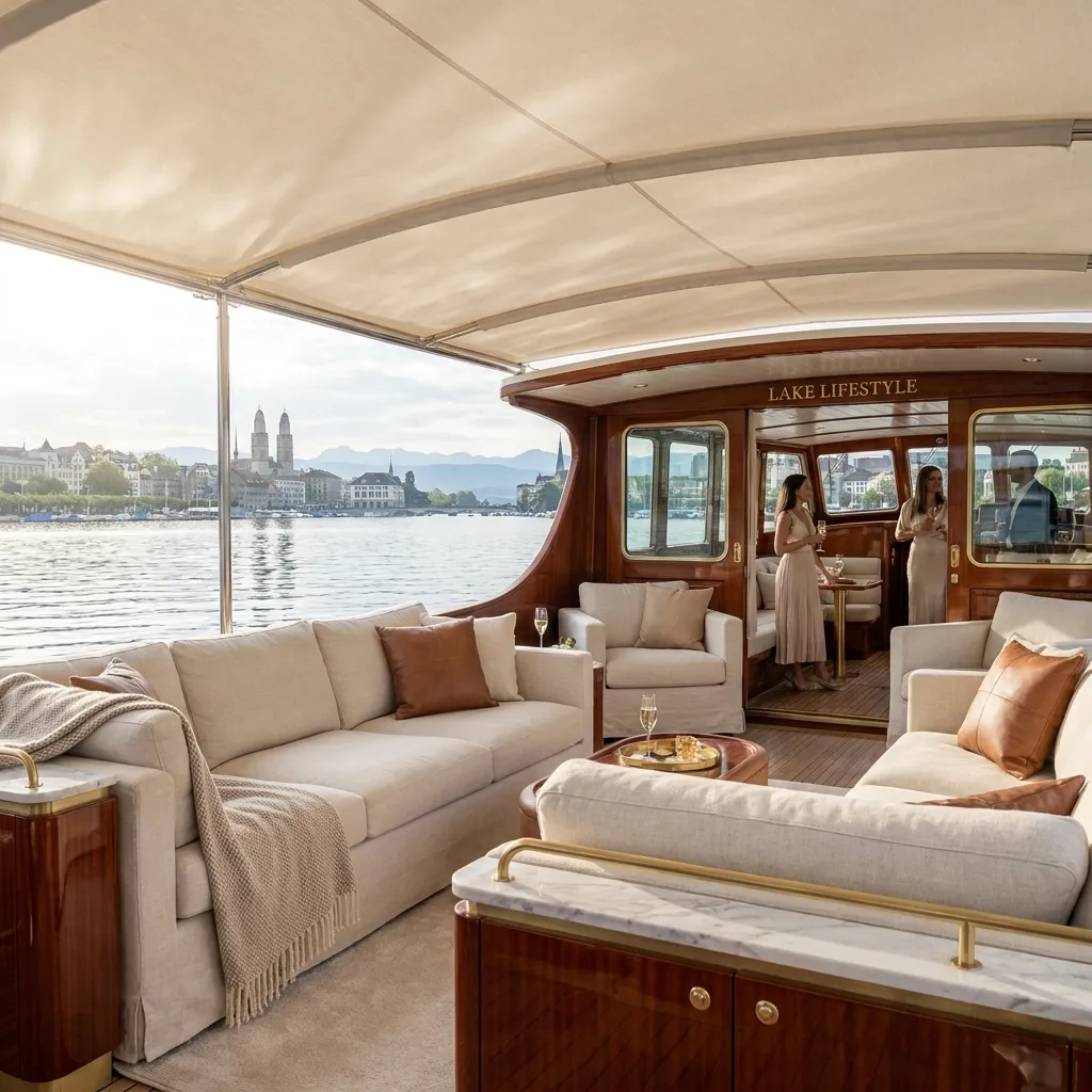 Elegantes Loungeboot auf dem Zürichsee bei spätem Nachmittagslicht