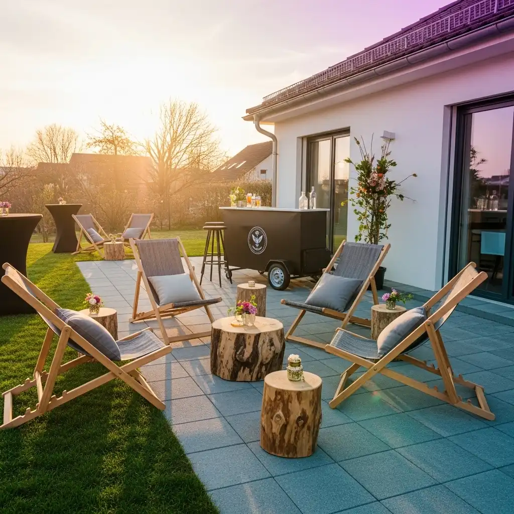 Entspannter Lounge-Bereich mit Liegestühlen und Bar