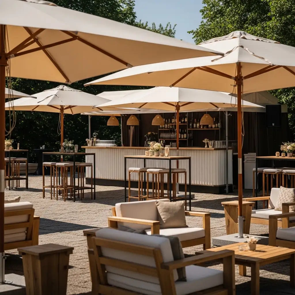 Eventfläche mit Sonnenschirmen, Stehtischen und Lounge-Mobiliar