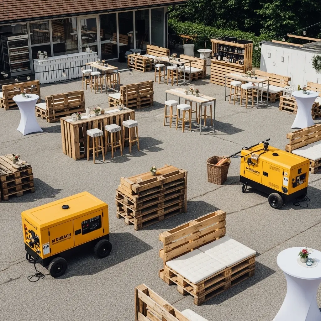 Eventmobiliar Vermietung by M Dubach 3 Eventlogistik mit aufgebauten Tischen, Stühlen und Barbereich