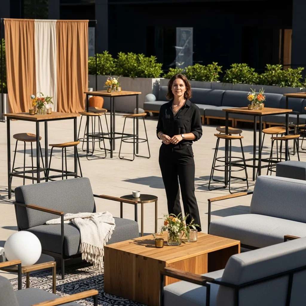 Eventplanerin prüft Clubtische und Lounge-Mobiliar für eine Firmenfeier