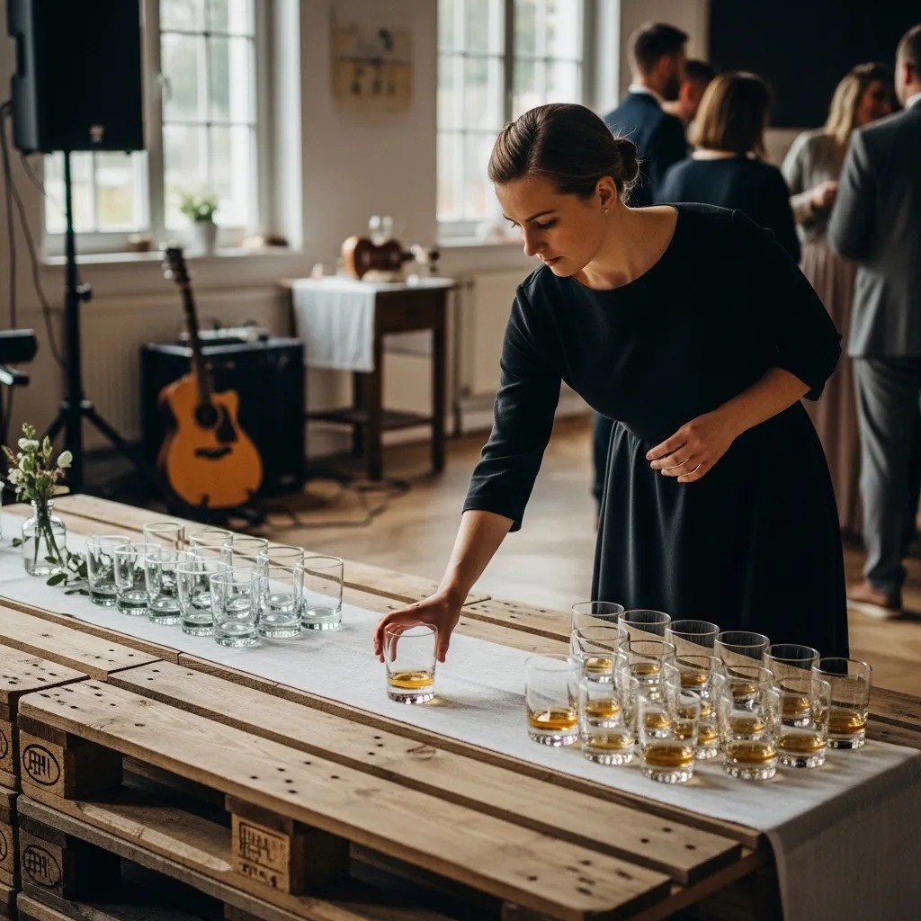 Whisky Tumbler mieten 3 Eventplanerin prüft gemietete Whisky-Gläser