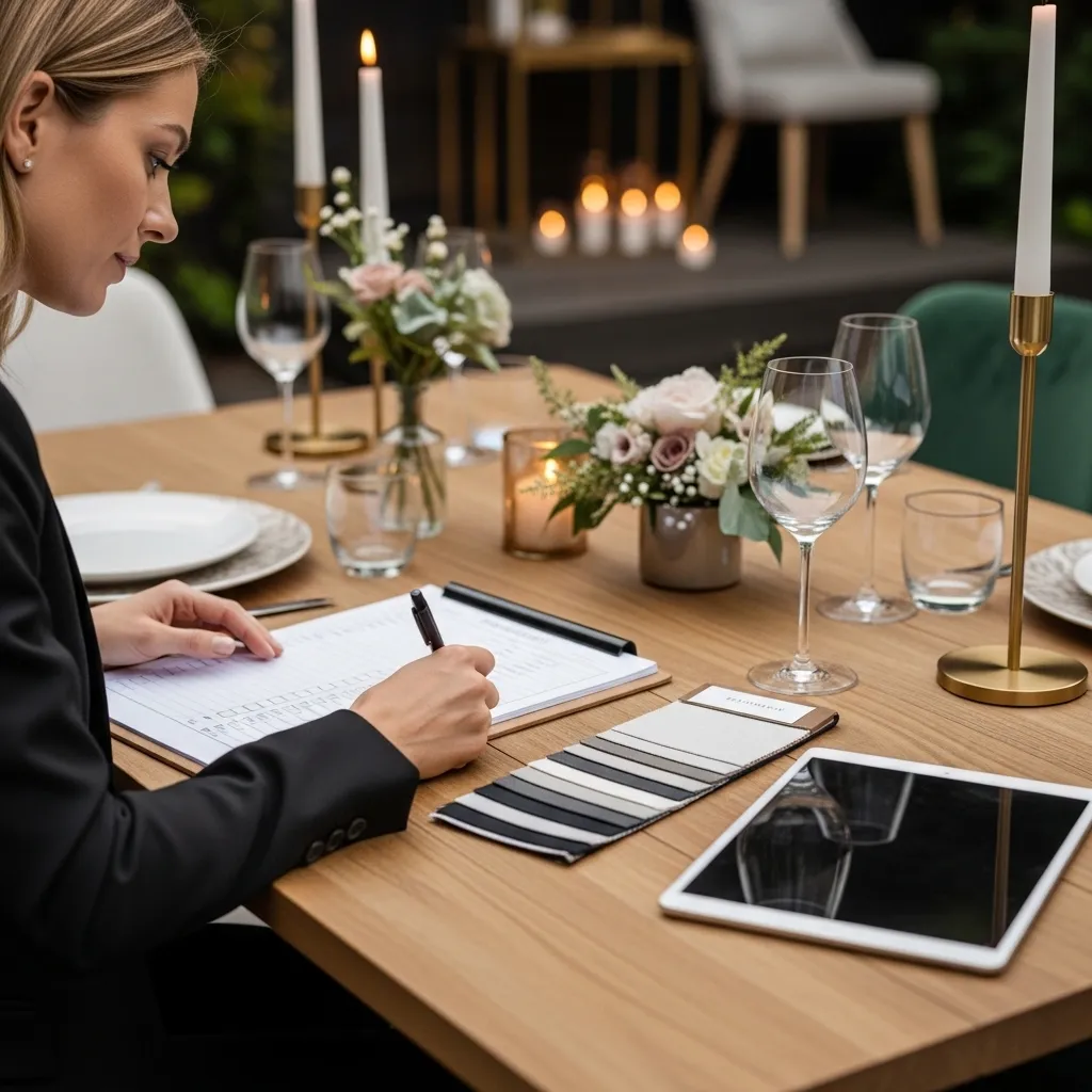 Eventplanerin prüft Mietliste für eine Hochzeit