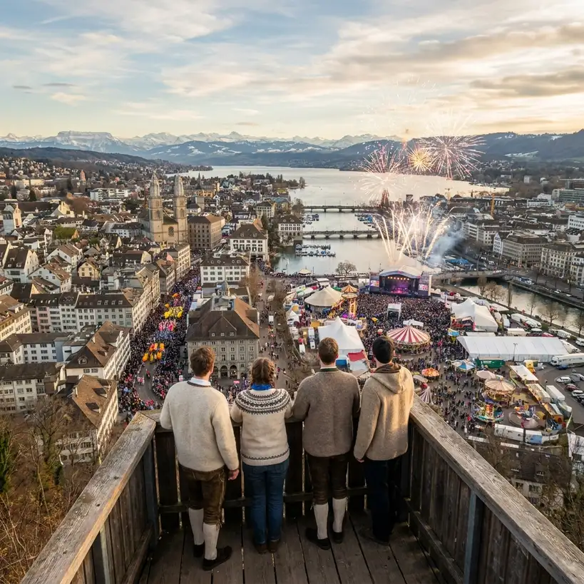 Familie auf Aussichtspunkt am Uetliberg mit Blick auf Stadt und See
