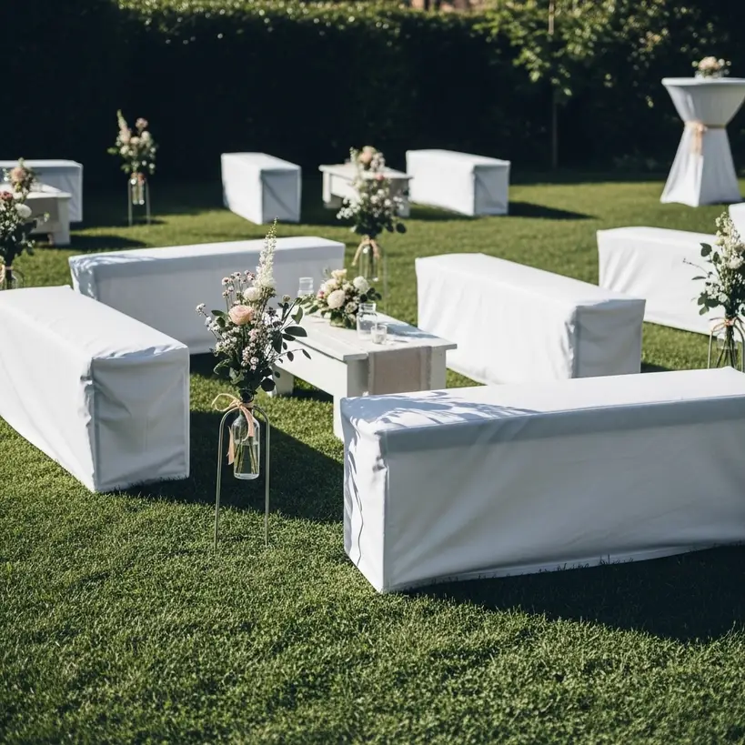 Festbank mit Husse mieten 2 Festbank mit weisser Husse bei einer Hochzeit im Freien