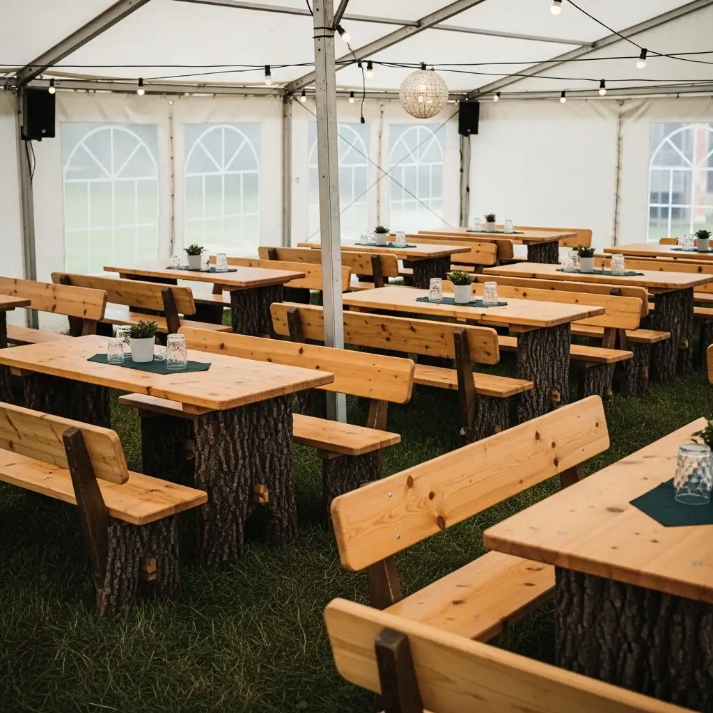 Festbankgarnituren unter einem Festivalzelt