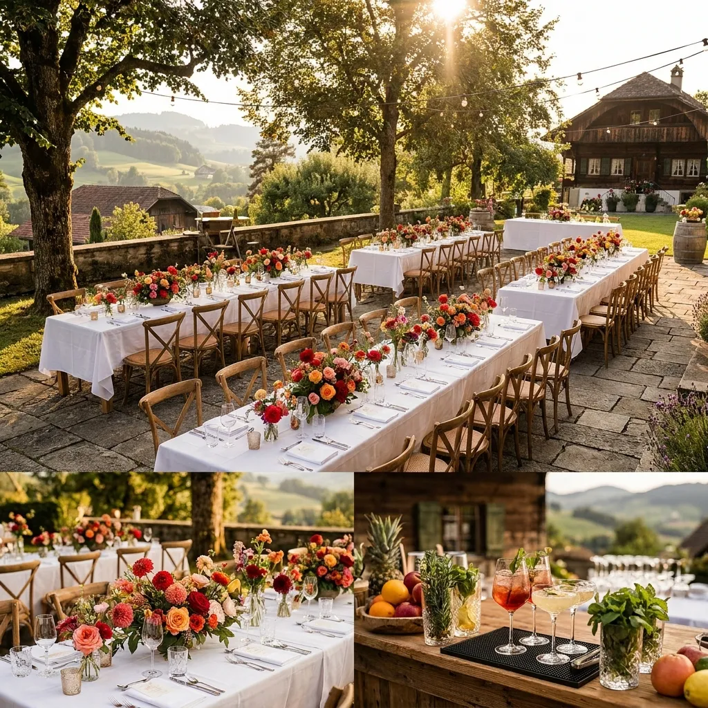 Festlich gedeckte Tische bei einer Hochzeit in der Schweiz