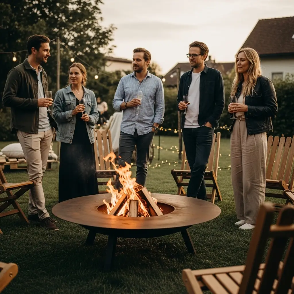 Feuerschale bei einem Polterabend im Garten