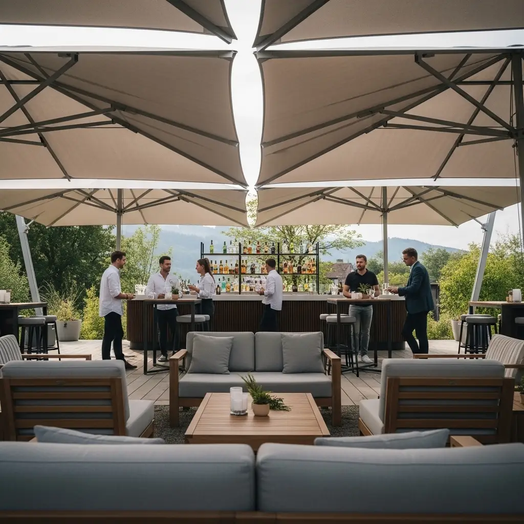 Warum Sonnenschirme mieten für Events so wichtig ist 3 Firmenanlass mit Lounge und Sonnenschutz