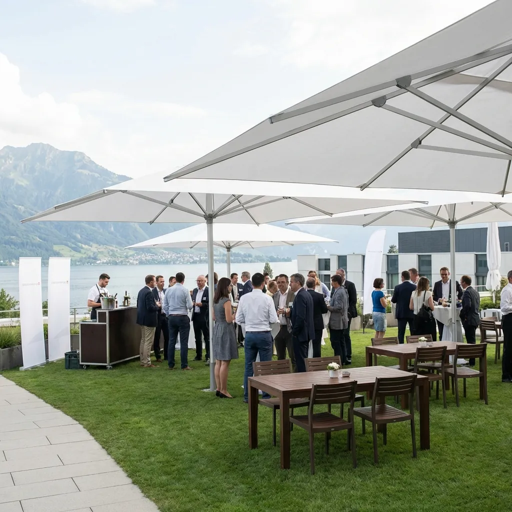 Firmenevent im Freien mit Sonnenschirmen