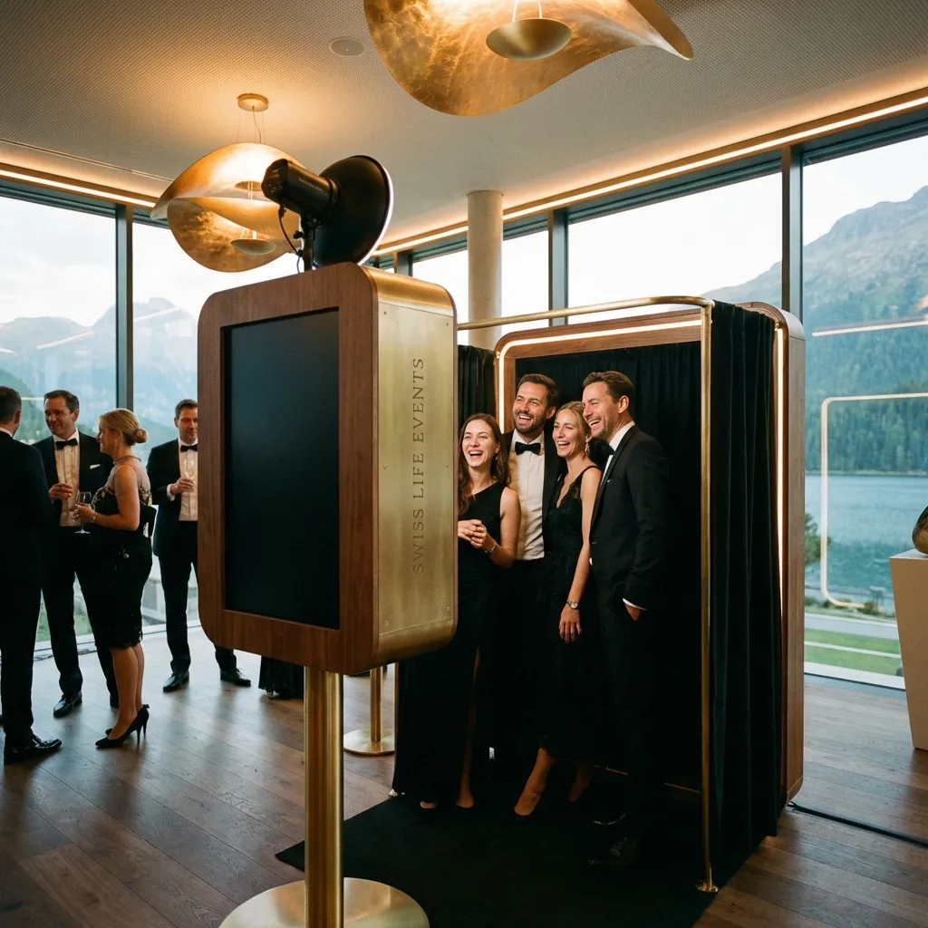 Gäste nutzen eine gebrandete Fotobox auf einem Firmenevent