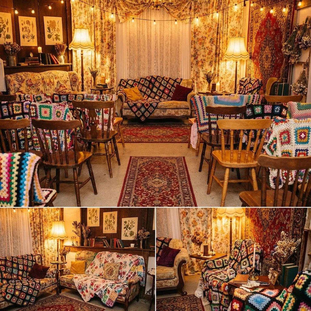 Gemütliche Eventdekoration im Granny-Core-Stil