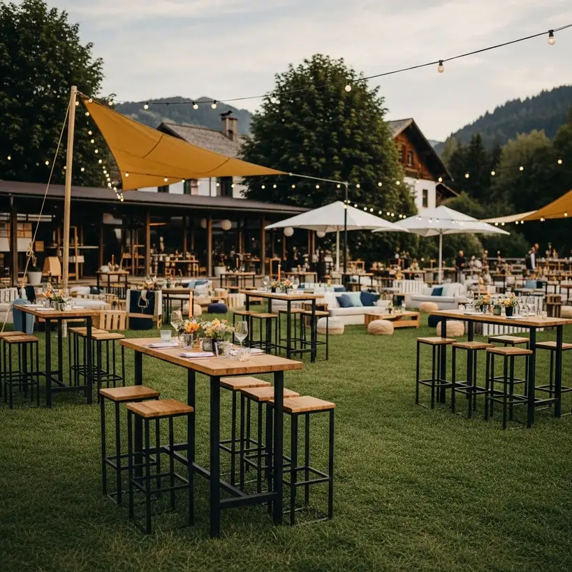 Gemütliche Outdoor-Eventfläche mit Mietmobiliar