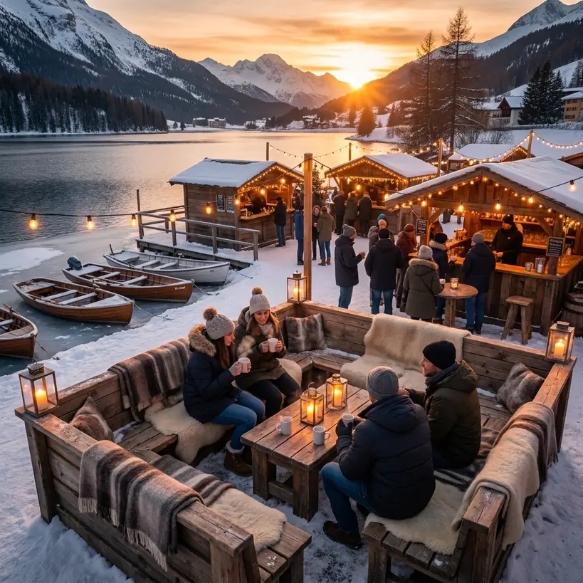 Gemütliche Winterbar mit Holz, Licht und warmen Getränken