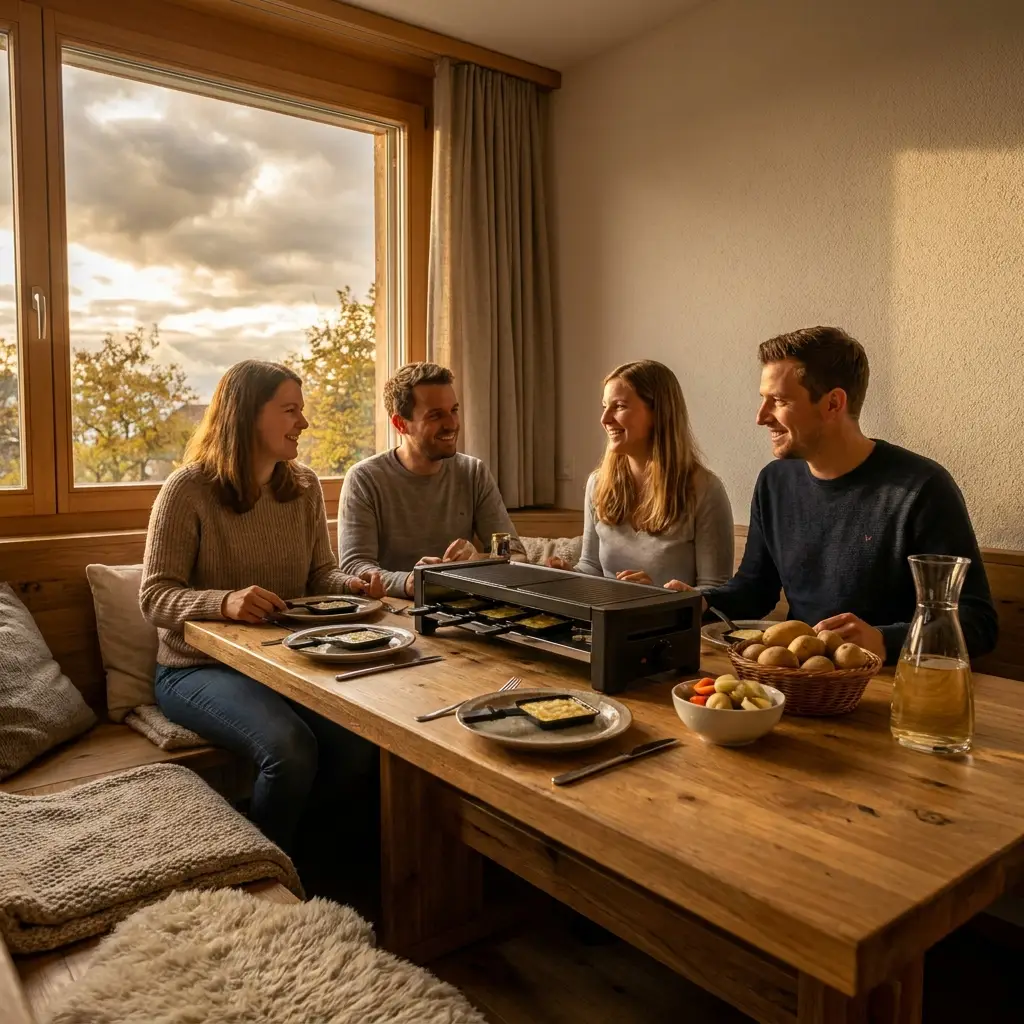 Gemütlicher Raclette-Abend am Holztisch