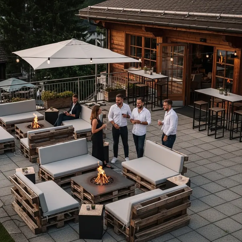 Gemietete Feuerschale mit Lounge-Mobiliar