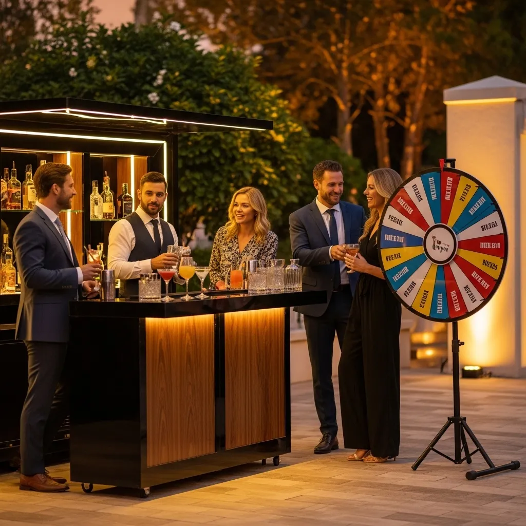 Glücksrad neben mobiler Bar