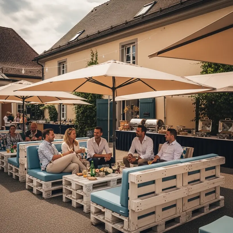Großer Sonnenschirm über einer Catering-Zone