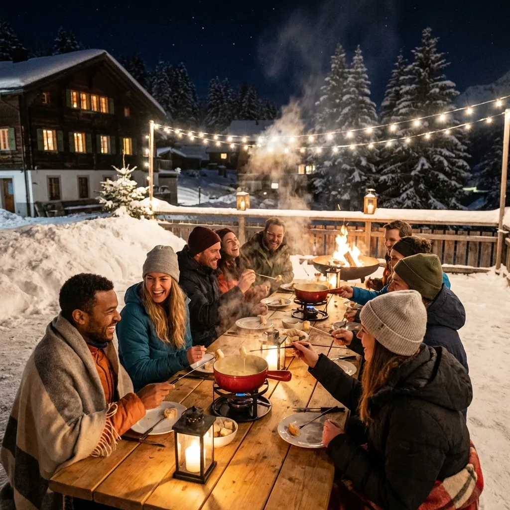 Guests enjoying outdoor fondue in winter