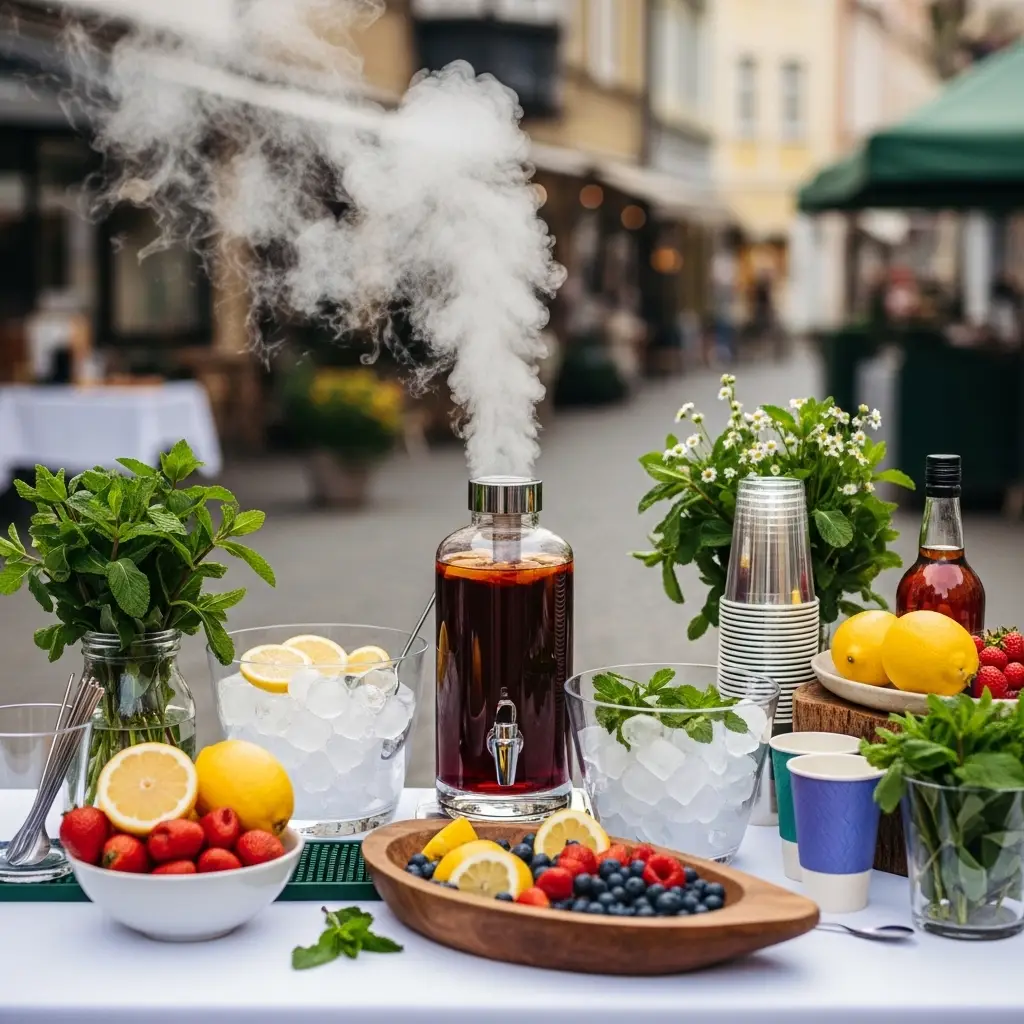Heiße und kalte Cocktail-Zutaten auf einem Eventtisch