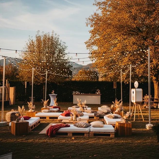 Herbstliche Eventfläche mit Lounge und warmen Lichterketten
