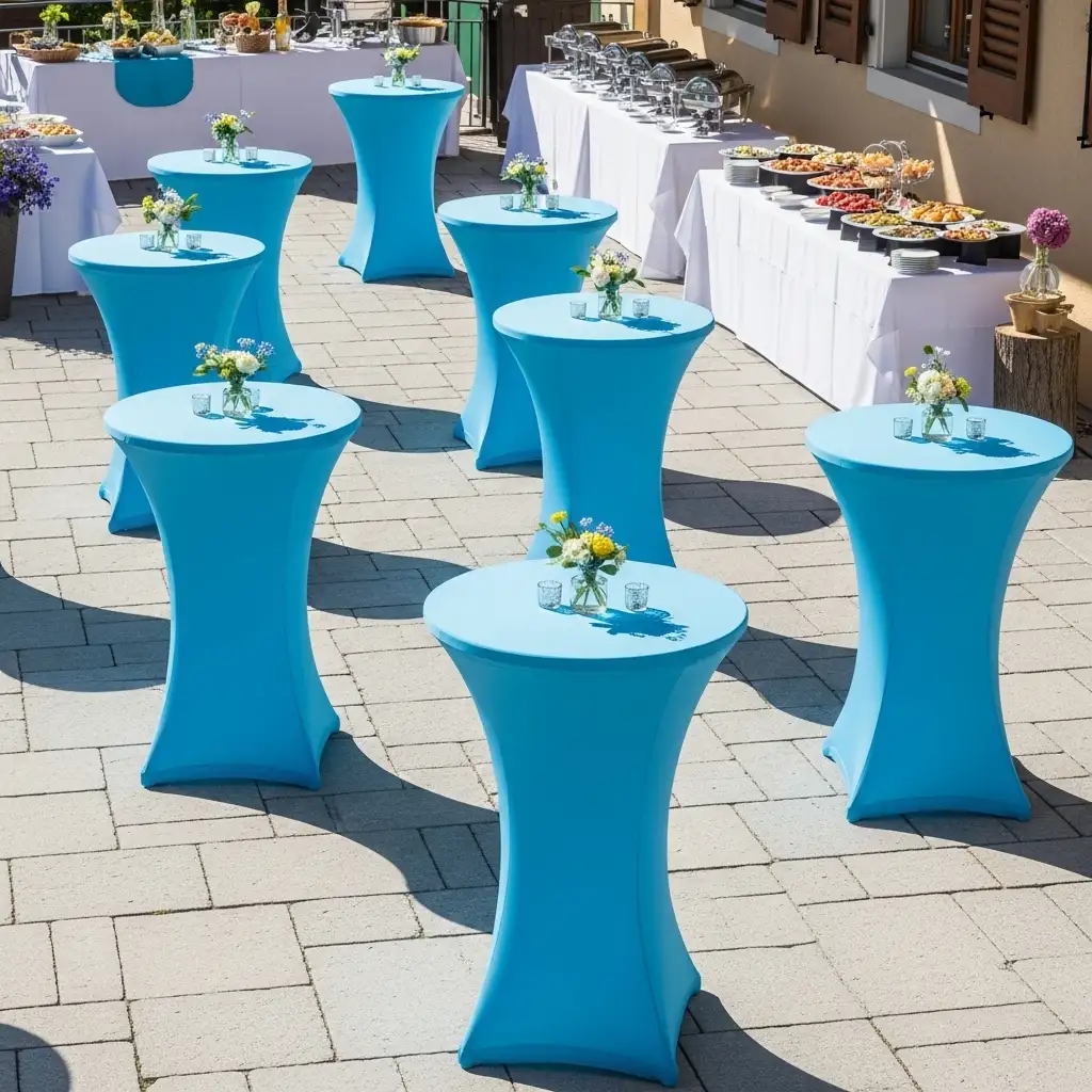 Himmelblaue Stehtischhussen bei einem Event in Zürich
