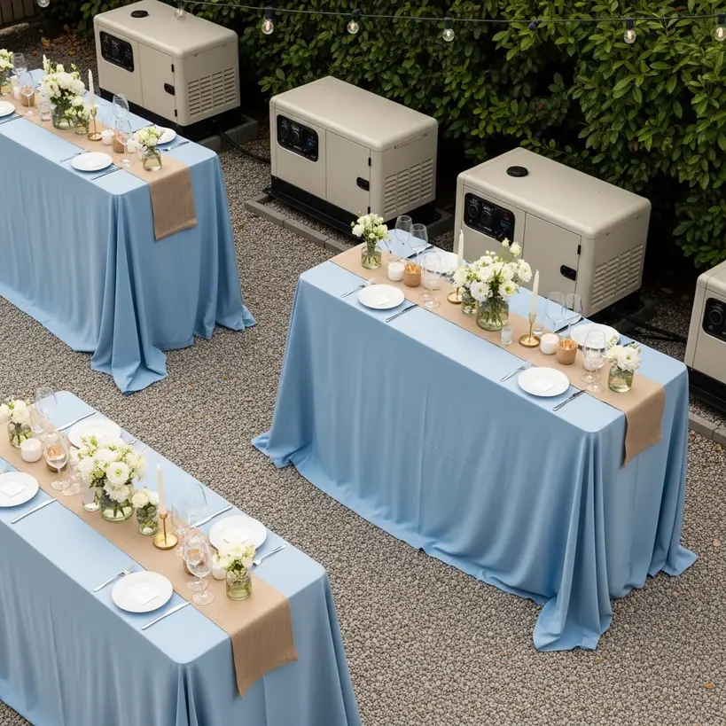Himmelblaue Stehtischhussen bei einer Hochzeit im Freien