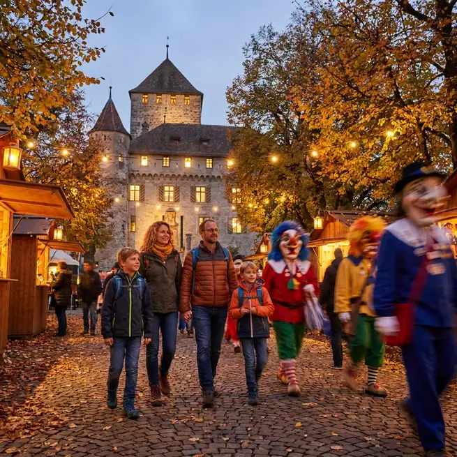 Historisches Schloss mit Familien auf dem Vorplatz