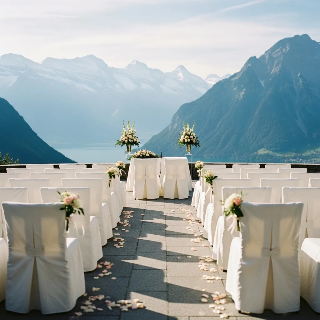 Hochzeitsbestuhlung mit weißen Stuhlhussen
