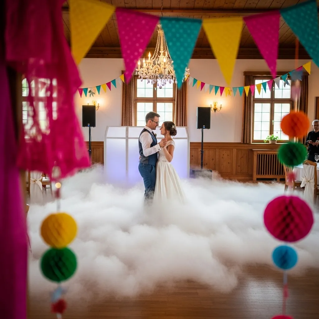 Hochzeitstanz mit tiefem Bodennebel