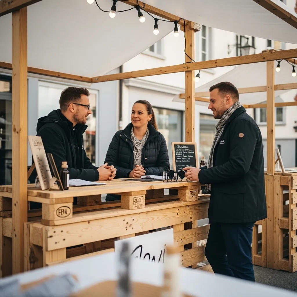 Marktstand mieten Promotion für Produktvorführungen & Firmenanlässe 2 Holz-Marktstand mit Produktpräsentation auf einem Schweizer Event
