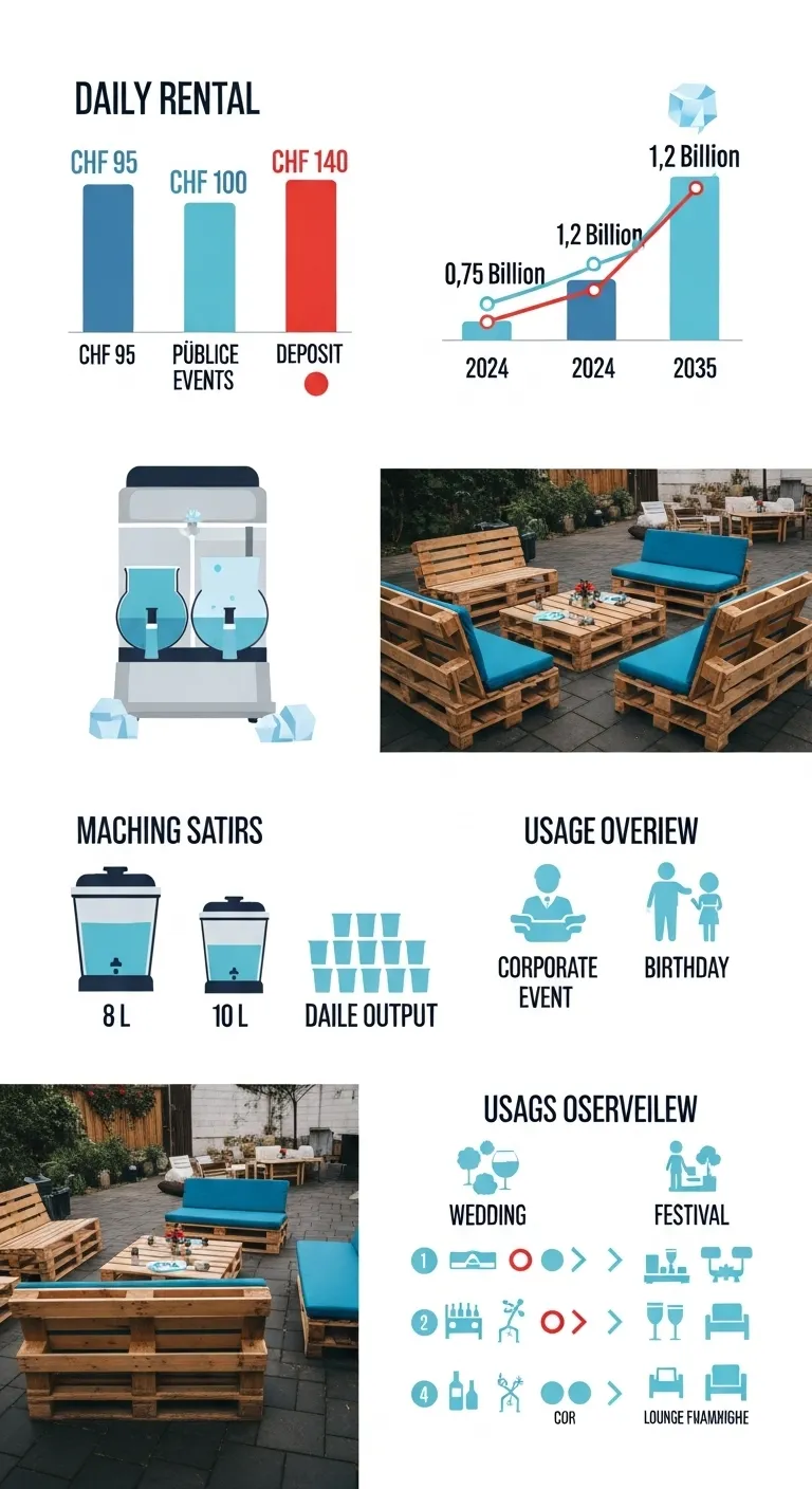 Slush Eis Maschine mieten in der Nähe 2 Infografik zu Preisen, Kapazitäten und Einsatzbereichen von Slush-Eis-Maschinen