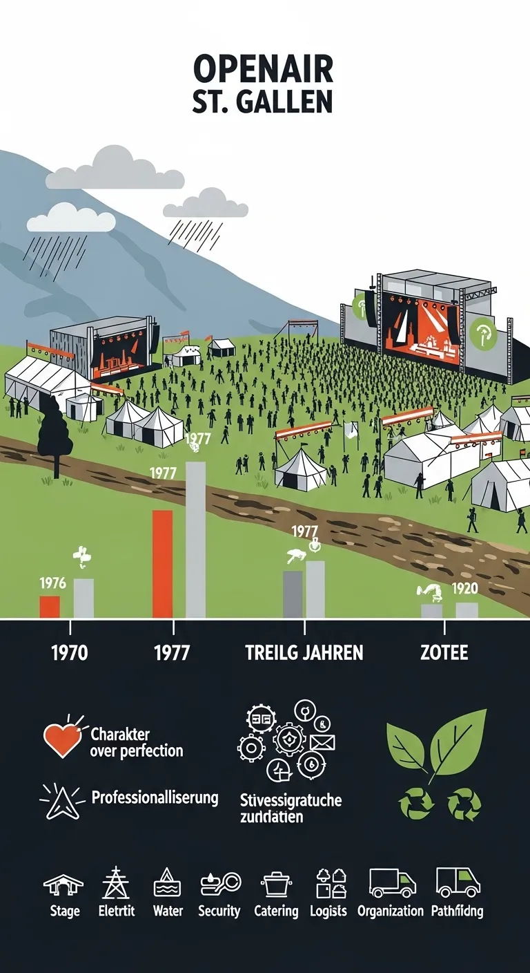 Die Geschichte vom Openair St. Gallen vom Anfang bis jetzt 2 Infografik zur Entwicklung des Openair St. Gallen mit Phasen, Wachstum, Infrastruktur und Wetterherausforderungen