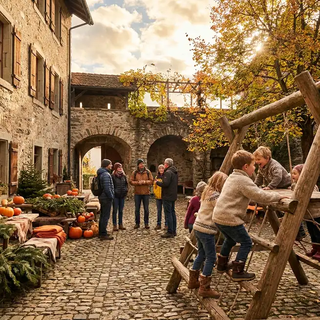 Innenhof eines Schlosses mit Führung und herbstlicher Stimmung