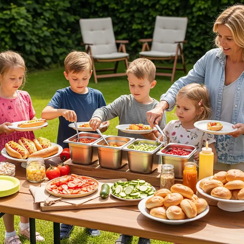 Birthday Party Food Ideas: Kindergeburtstag mit Hot Dog Station 2 Kinder feiern an einer Hot-Dog-Station