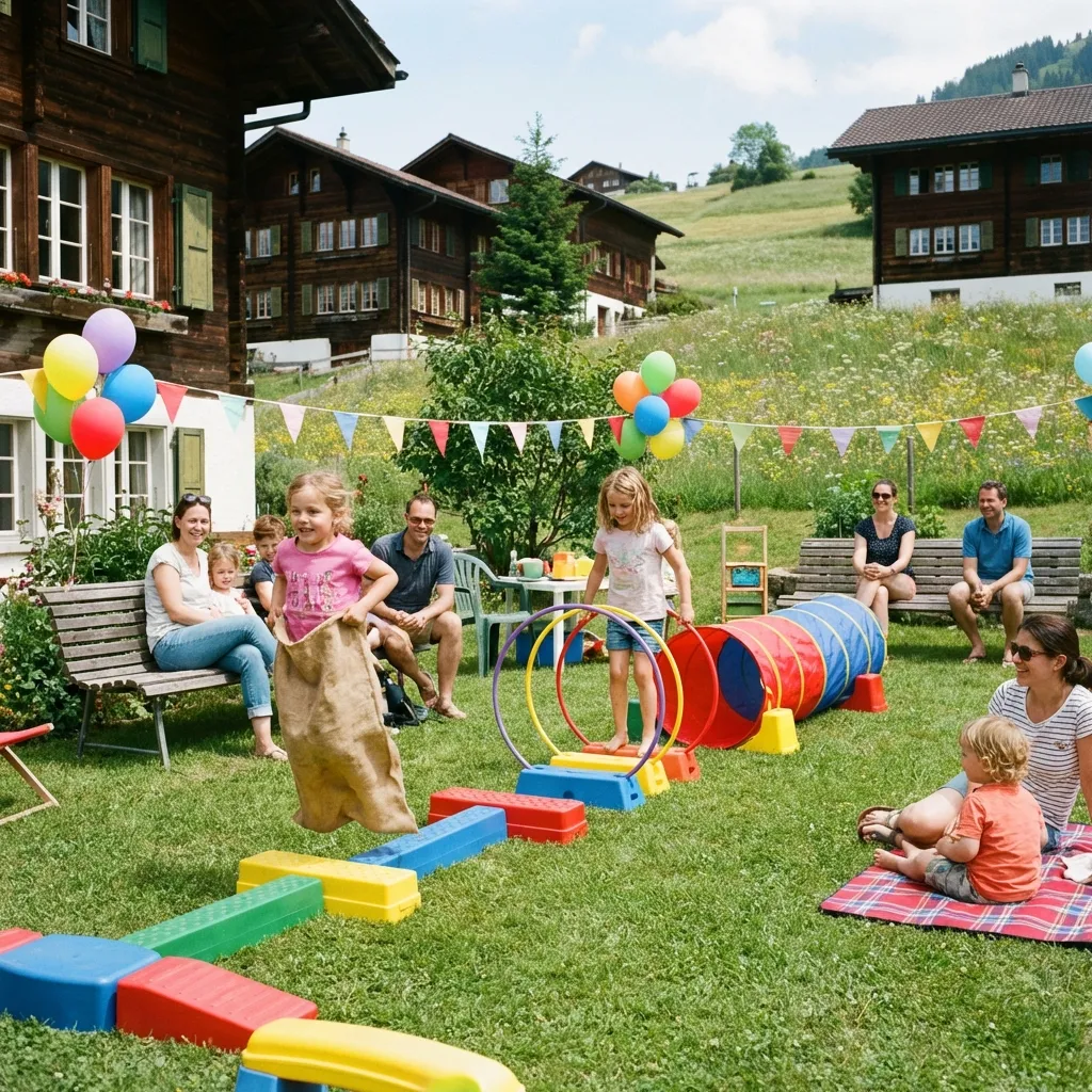 Kinder spielen mit gemieteten Partyspielen im Garten