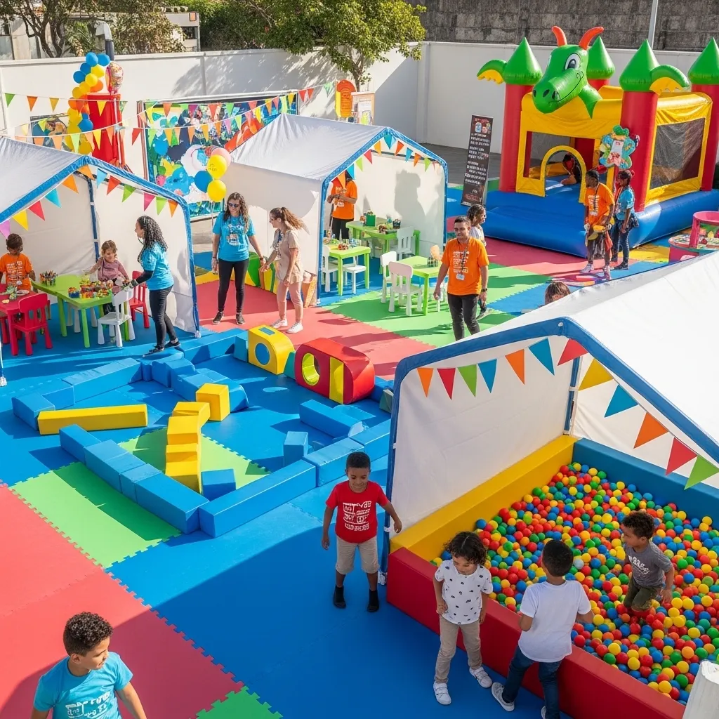 Kinder-Spielzone auf einem Familienfest mit klaren Bereichen