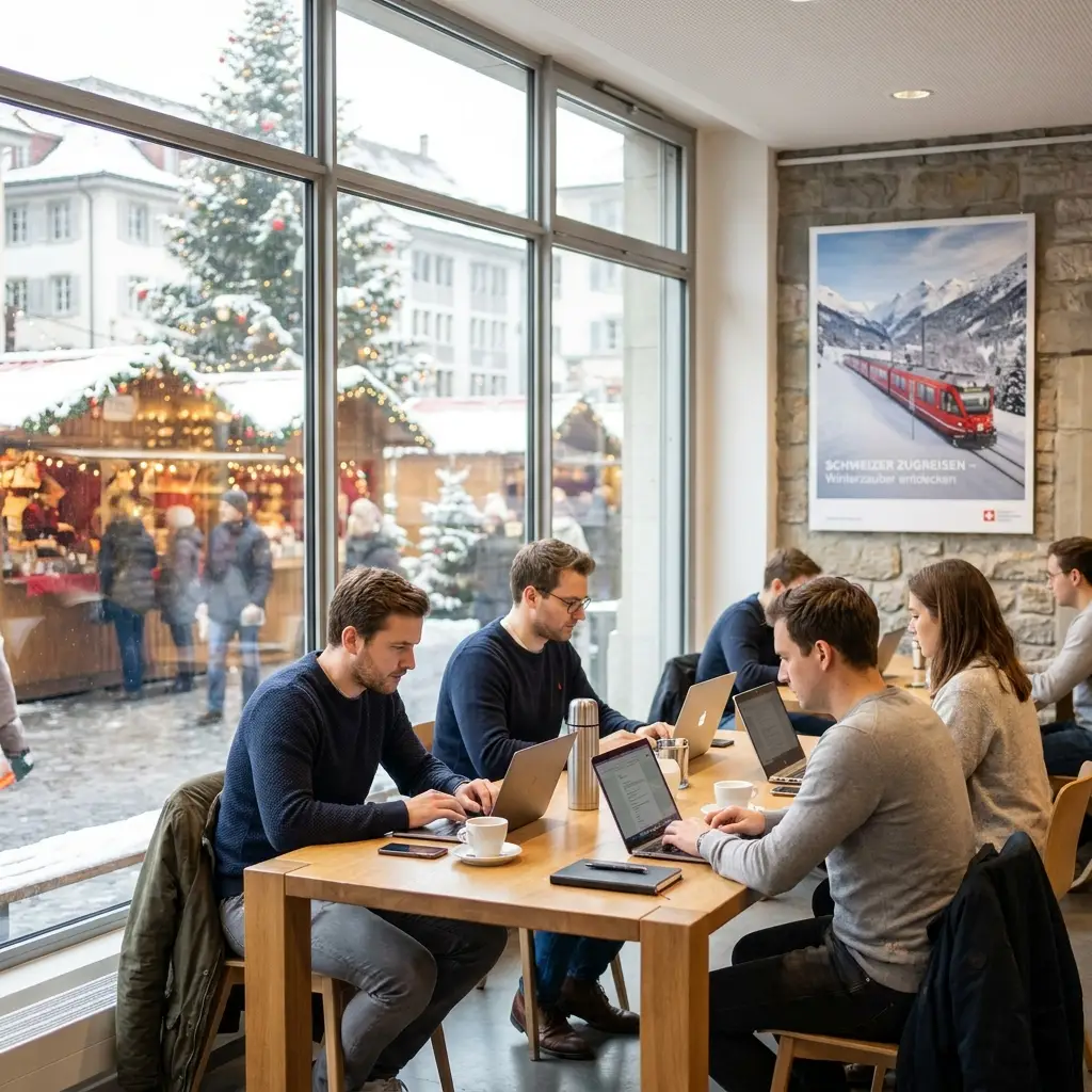 Kleiner Coworking-Bereich mit Blick auf eine Schweizer Altstadt und Kaffee auf dem Tisch
