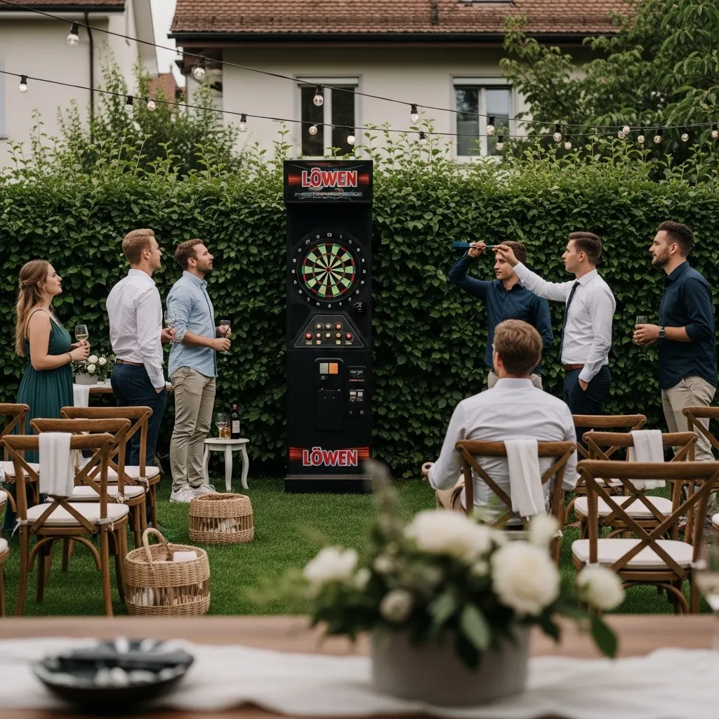 Löwen Dart Verleih bei einer Hochzeit mit Gästen im Abendlicht