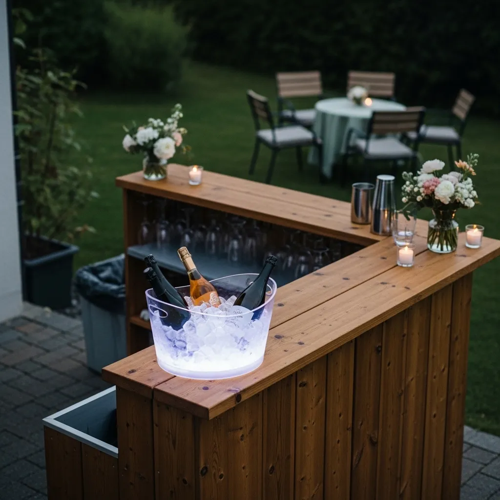 LED Eiskübel mieten für Events in der Schweiz 3 LED-Eiskübel auf Hochzeitsbar