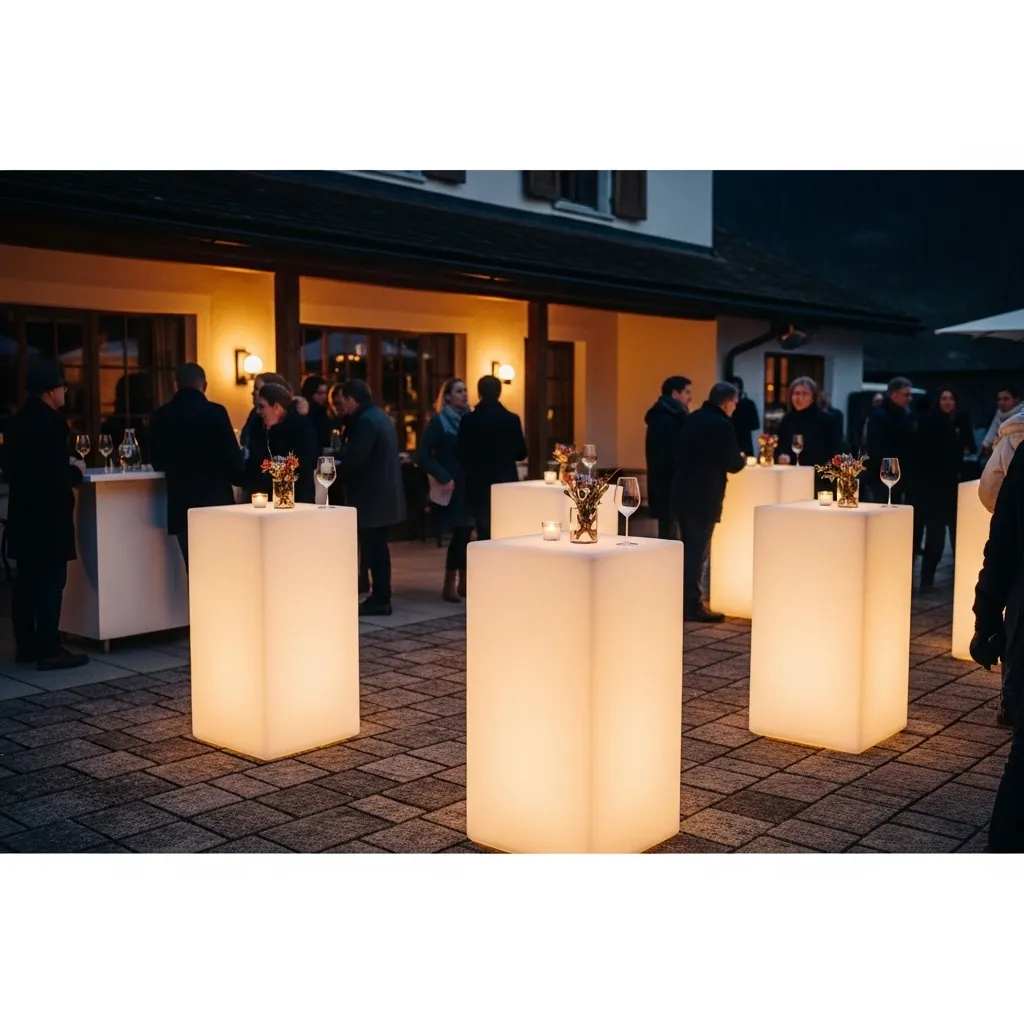 LED Stehtisch mieten – Stilvolle Eventlösungen in Zürich 2 LED Stehtische bei einem Schweizer Abend-Event