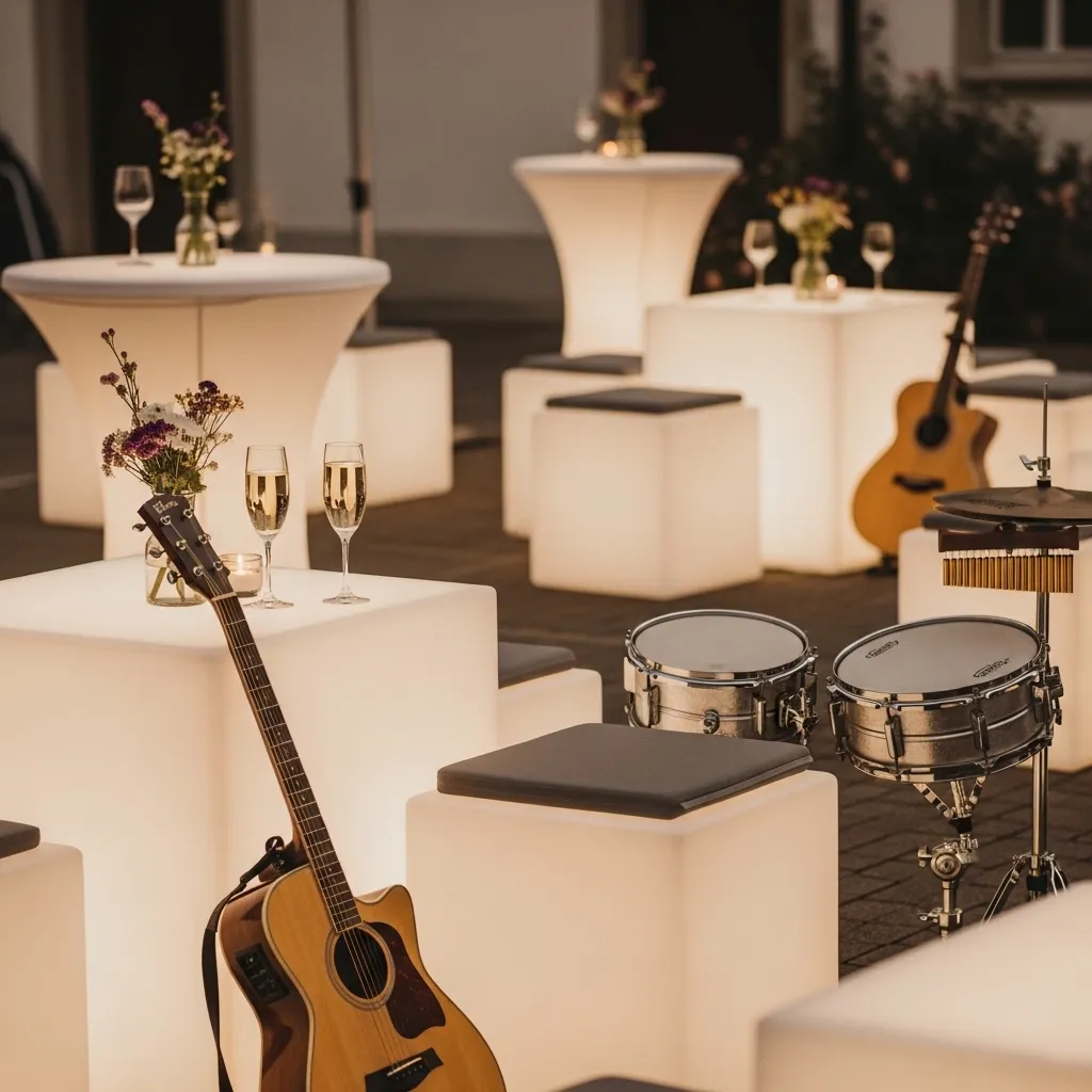 Eventmobiliar mieten: LED Möbel für Events 4 LED Stehtische und Sitzwürfel bei einer Abendfeier