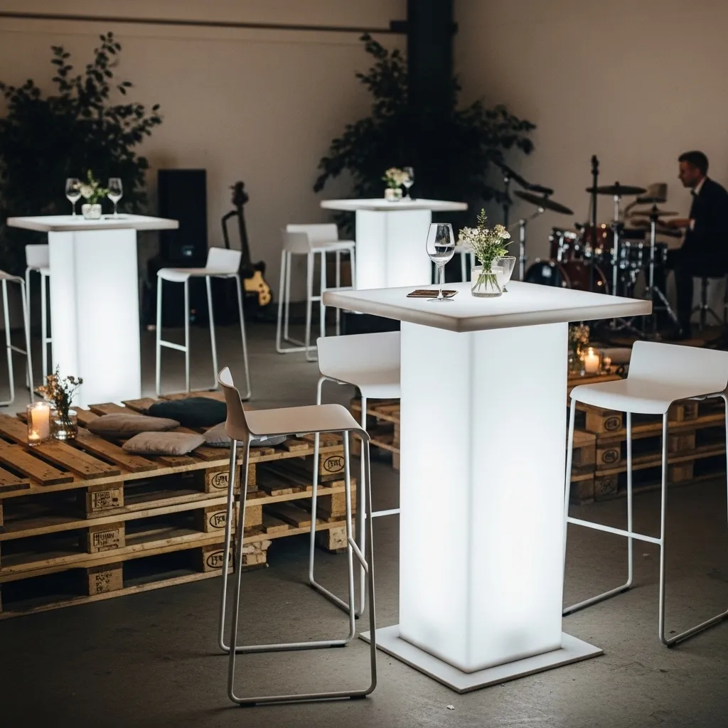 LED Stehtisch mieten – Stilvolle Eventlösungen in Zürich 3 Leuchtende Eventbar mit passenden Stehtischen