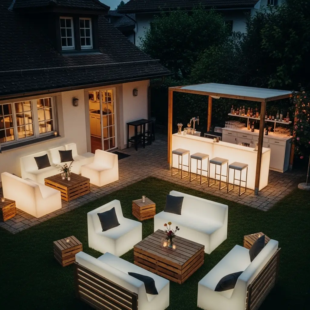 Eventmobiliar mieten: LED Möbel für Events 2 Leuchtende Lounge für ein Event im Freien