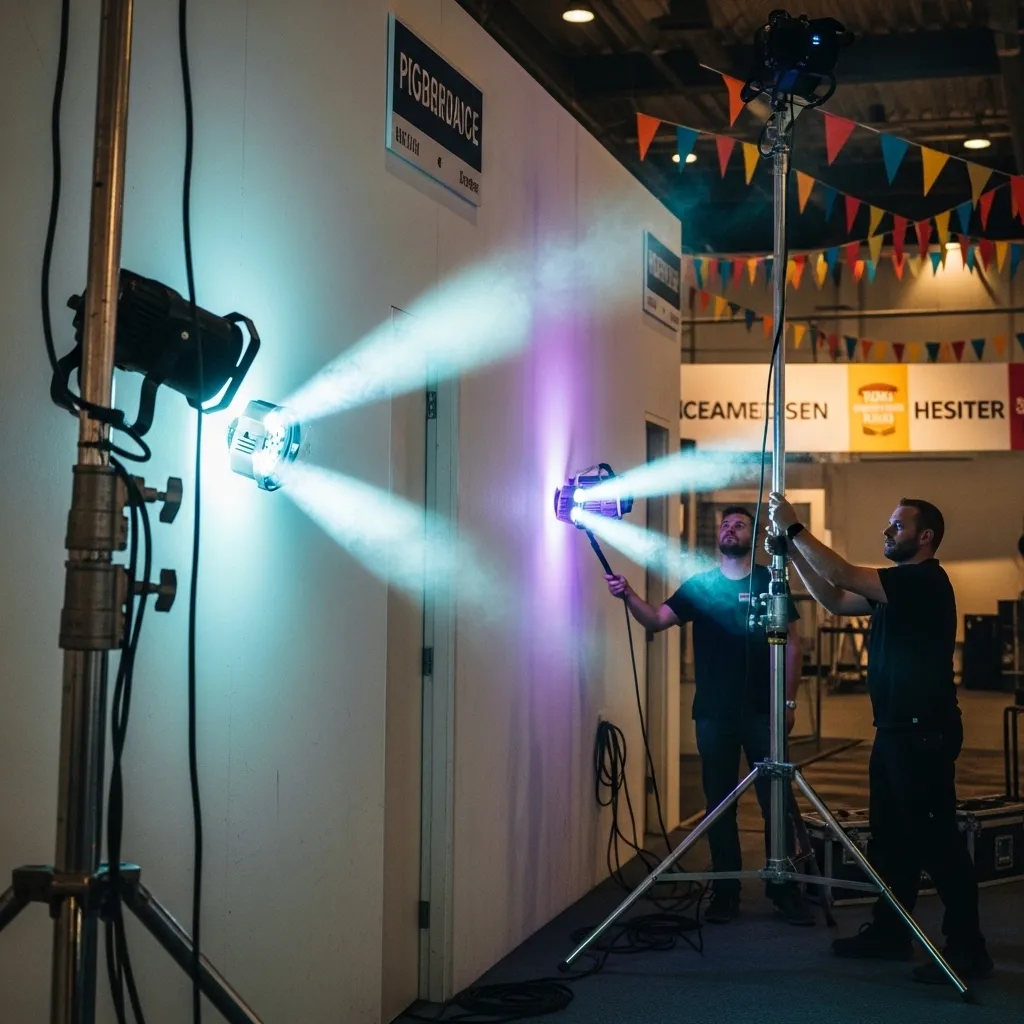 RGB Fluter mieten für Messen und Ausstellungen 3 Lichttechniker richtet LED-Fluter für eine Ausstellung aus