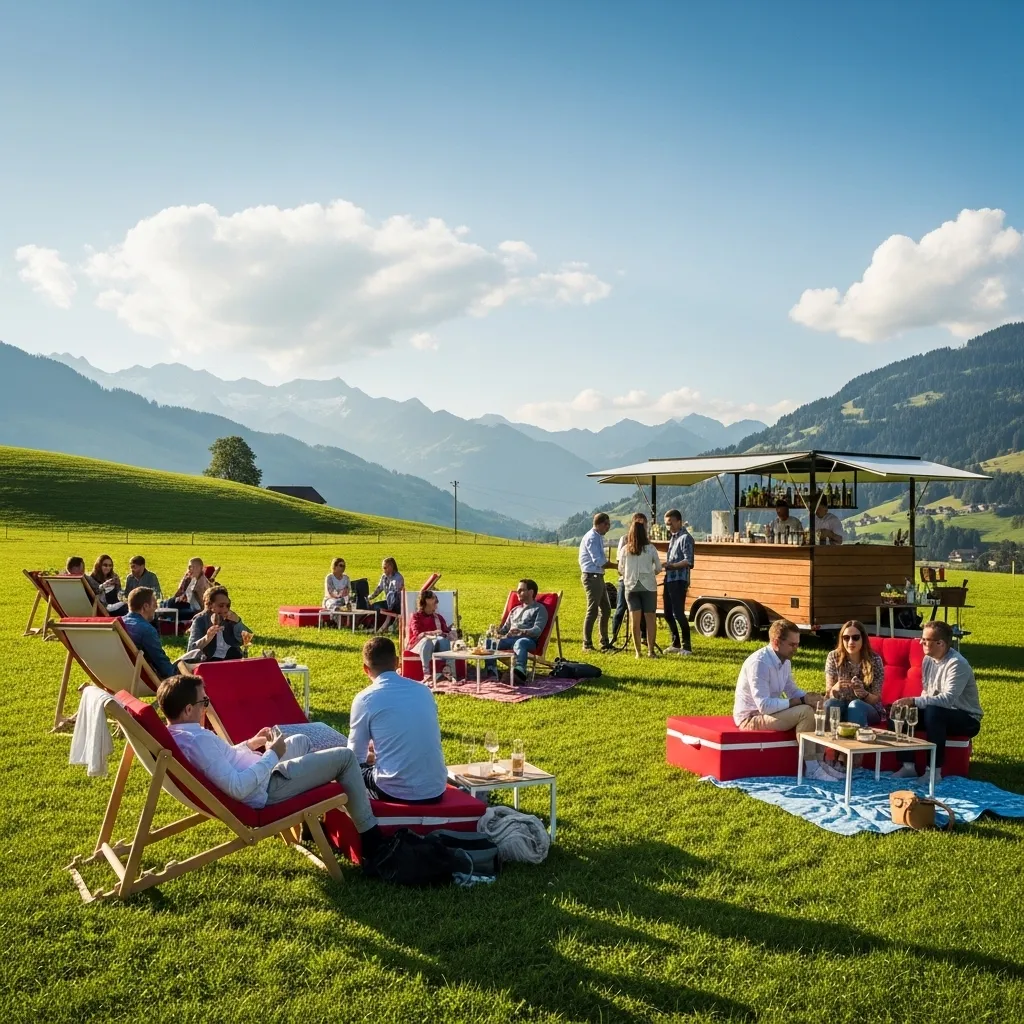 Liegestühle bei einem Firmen‑Event im Grünen