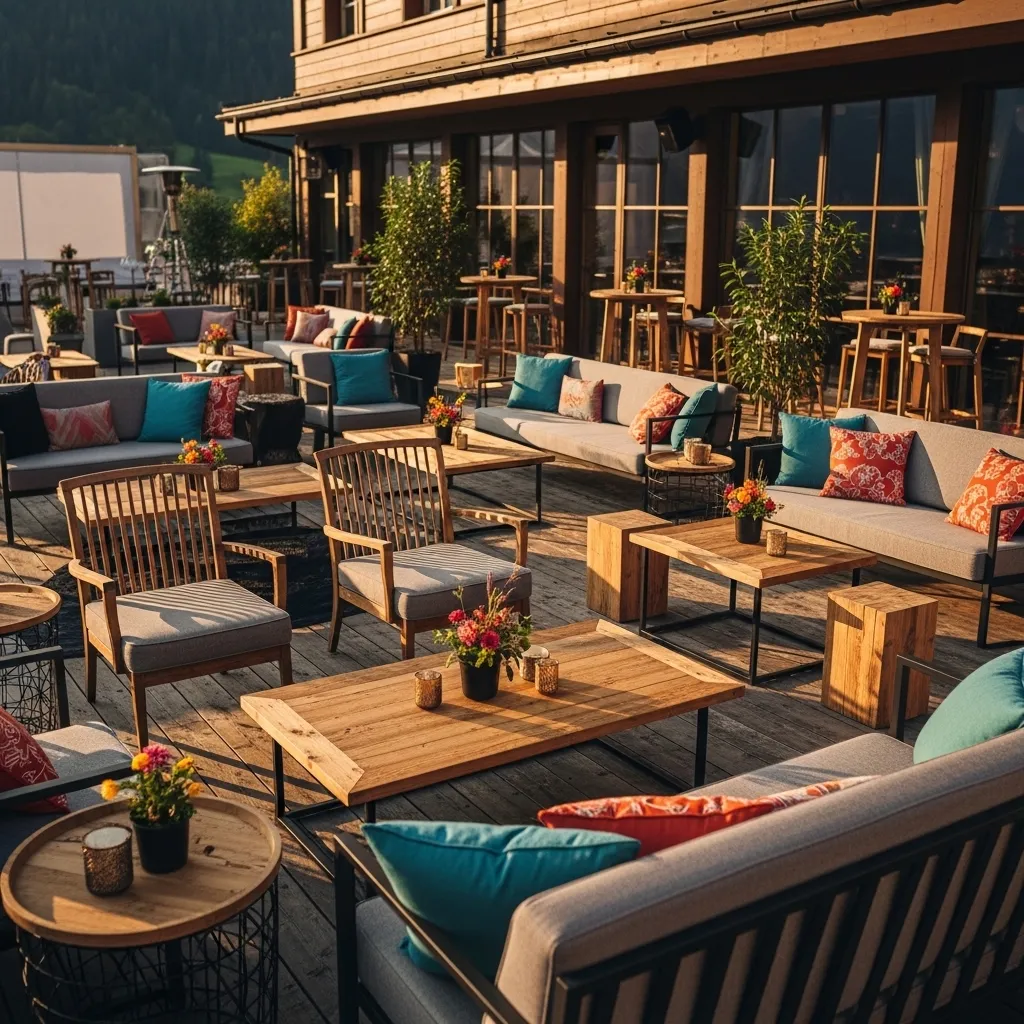 Lounge-Bereich mit gemieteten Couchtischen