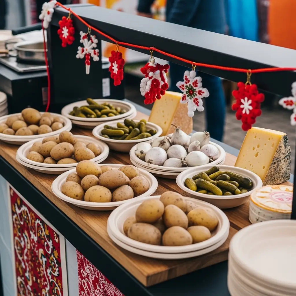 Outdoor Raclette Station einrichten 3 Mehrweg-Geschirr und regionale Beilagen bei einer Raclette-Station