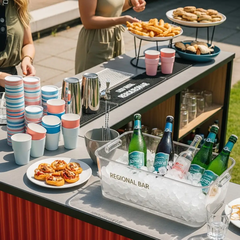 Outdoor Bar mieten für die Gartenparty 3 Mehrwegbecher und gepflegte Barstation bei einer Gartenfeier