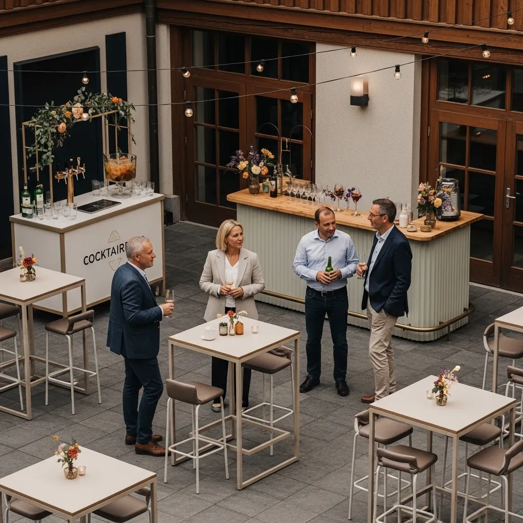 Mobile Bar mit Stehtischen und Retro-Dekoration